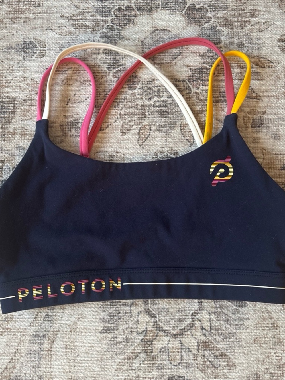 Peloton Navy Swim Bralette with Pink White Yellow Accent Straps